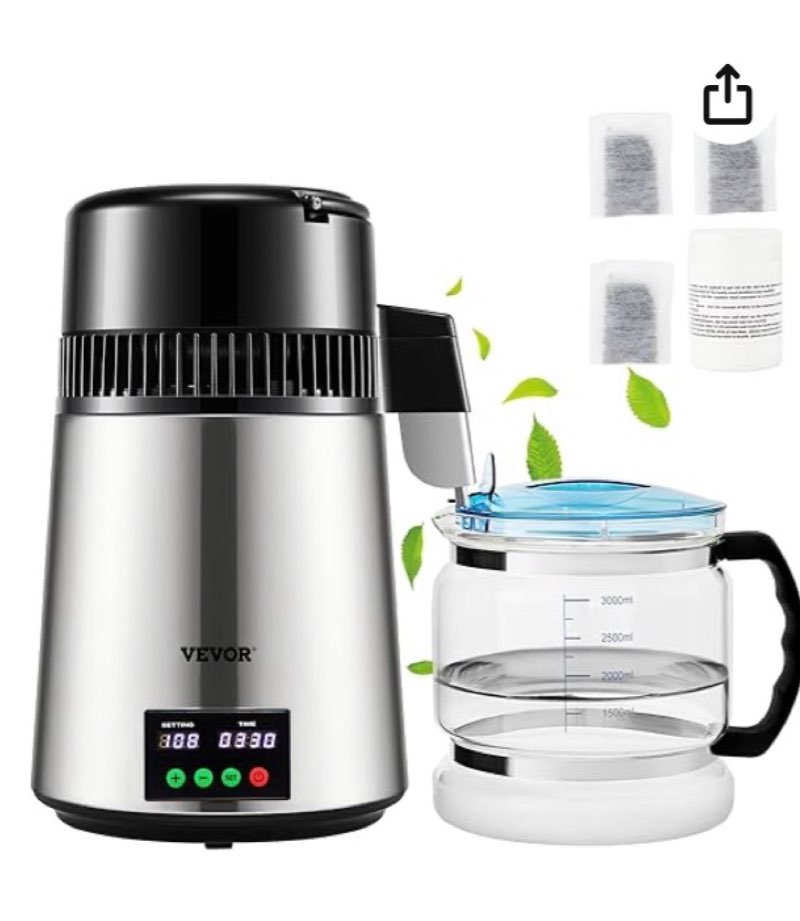vevor 1.1 gal water distiller, 0.3 gal/h, distilled water maker machine 750w 0-99h timing set temp display, 304 stainless steel countertop distiller glass carafe cleaning powder 3 carbon packs, silver
