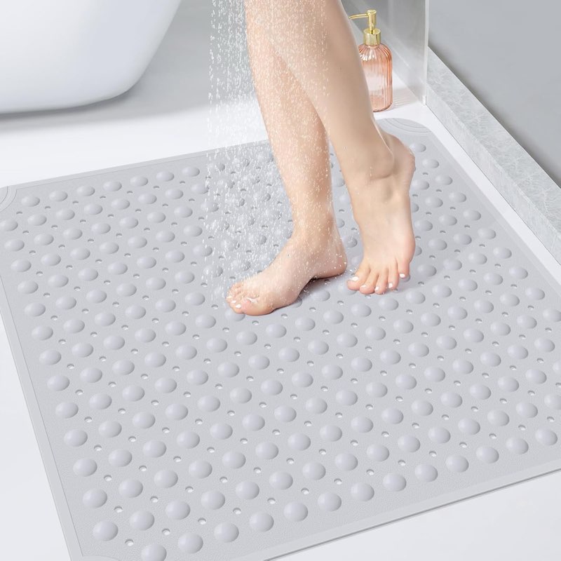 othway square shower mat 32x32, tpe non-slip shower mats with drain holes and suction cups, walk-in mat for inside shower stall, anti-slip for elderly (light grey)