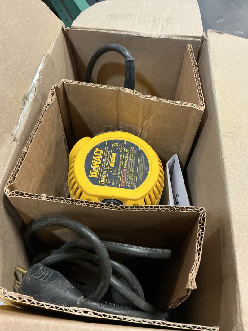 Condition photo showing As Is for dewalt router, variable speed, d-handle, soft start, 2-1/4 hp (dw618d) d-handle router only