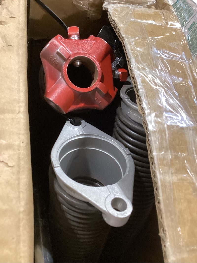 Condition photo showing As Is for garage door torsion springs 2'' (pair) with non-slip winding bars, coated torsion springs with a minimum of 18,000 cycles (0.207''×2''×23'')