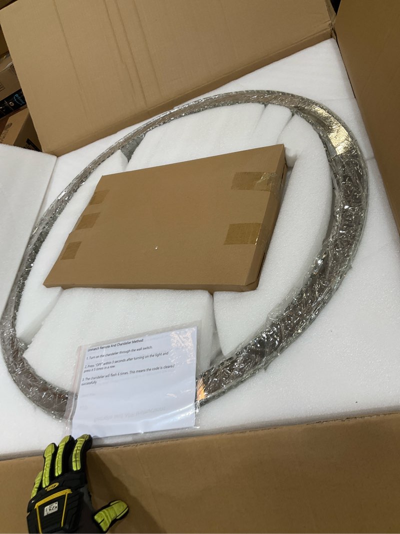 Condition photo showing As Is for dia 32" modern crystal chandeliers led dimmable living room chandelier silver pendant lighting crystal ceiling light fixture for entrance bedroom hallway foyer silver dia 32"