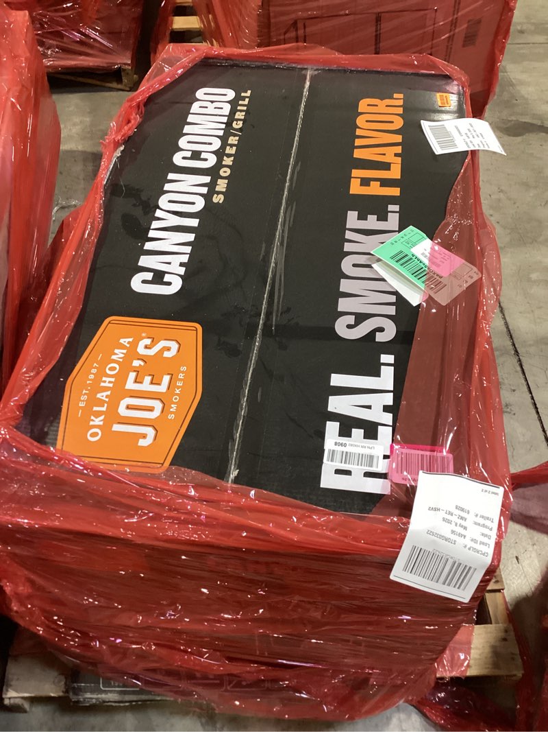 Condition photo showing As Is for oklahoma joe's canyon combo dual fuel 3-burner propane gas and charcoal smoker and grill with 1031 sq. in. cooking area in black