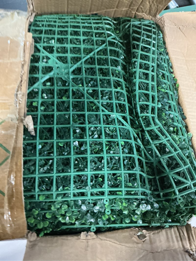 Condition photo showing Good Condition for 24pcs boxwood panels, 20"x20" grass wall panel, boxwood hedge wall panels, grass wall backdrop, uv protected privacy hedge screen for indoor, garden, fence, backyard and outdoor wedding decor