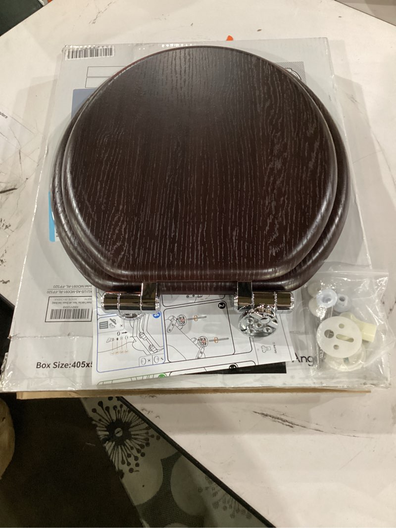 Condition photo showing As Is for round toilet seat molded wood toilet seat with quietly close and quick release hinges, easy to install also easy to clean by angol shiold (round, dark brown) round - metal hinge dark brown