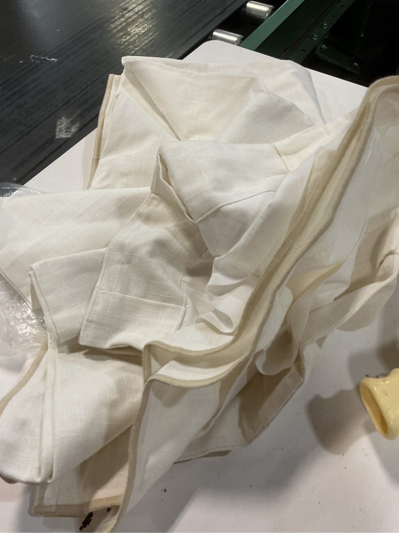 Condition photo showing Good Condition for twopages off white polyester linen 48x96  inches long thermal insulated curtain with pinch pleated and back tab blackout textured drape for bedroom living room double layer curtain (52wx96l, 1 panel