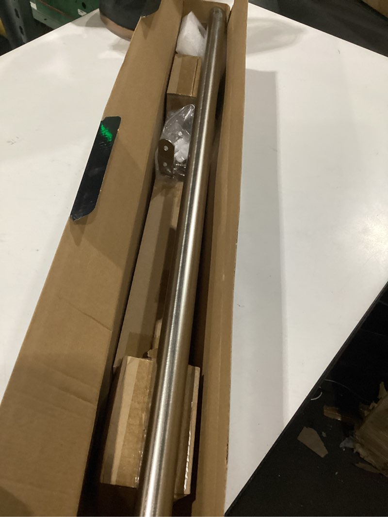 Condition photo showing As Is for 1-1/8 inch diameter brushed silver curtain rod with rhinestone finials, 36-72'' telescoping single curtain rods for window width 24-68 inch, 1 pack brushed silver 36-72''