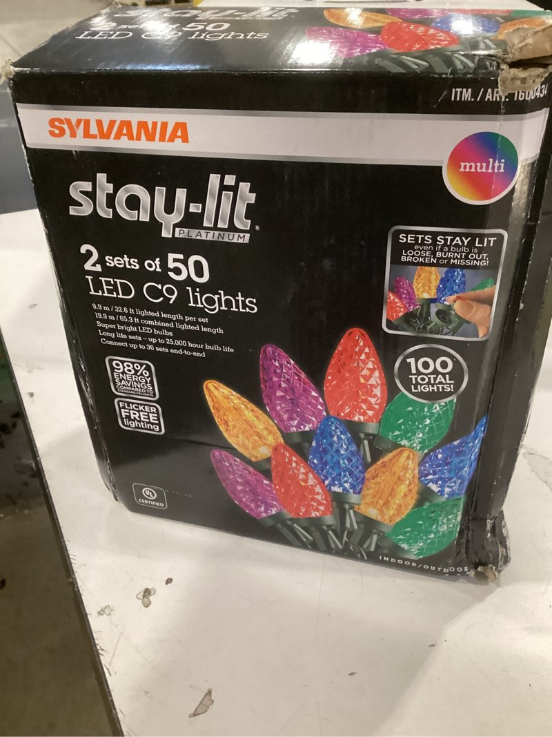Condition photo showing New/Like New for SYLVANIA Stay-Lit Platinum Strings Christmas Lights - LED C9 Multi Color Lights - (2 Strings of 50 Lights)
