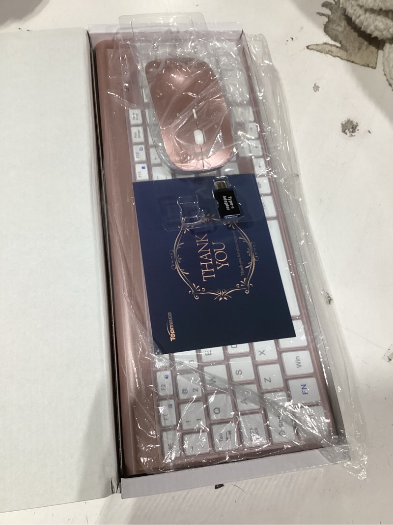 Condition photo showing Good Condition for Wireless Keyboard and Mouse Ultra Slim Combo, TopMate 2.4G Silent Compact USB 2400DPI Mouse and Scissor Switch Keyboard Set with Cover, Batteries Included, for PC/Laptop/Windows/Mac - Rose Gold White
