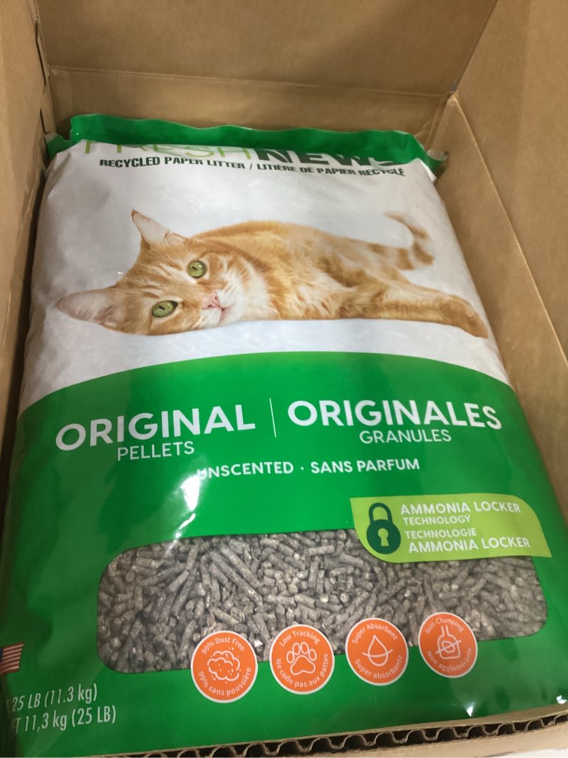 Condition photo showing New/Like New for fresh news recycled paper original pellet cat litter, 25 pound, non-clumping, unscented, made in usa original pellets 25 pounds