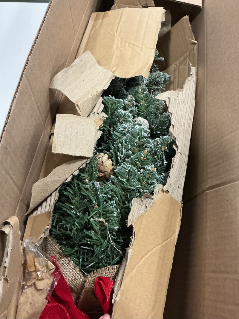 Condition photo showing Good Condition for 2 ft Mini Christmas Trees with Red Bow Base, 25 F5 LED Lights, 24" Decorated Burlap Artificial Tabletop Christmas Trees with Flocked Pine Cone
