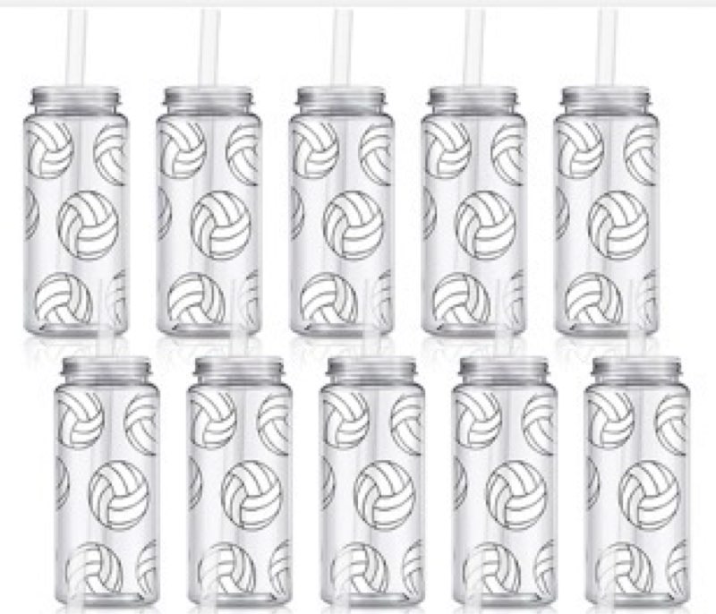 Domensi 7 Pack 14.2 oz Volleyball Plastic Cups with Lid and Straw Clear Reusable Cups with Lids and Strawstumbler for Birthday Sports Themed Party Supplies