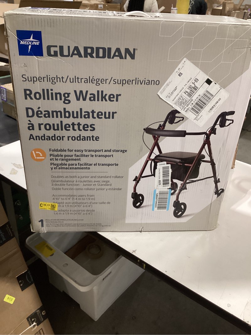 Condition photo showing Good Condition for medline superlight folding aluminum mobility rollator walker, red, 250 lb. weight capacity, 6" wheels, adjustable arms and seat, foldable rolling walker for seniors
