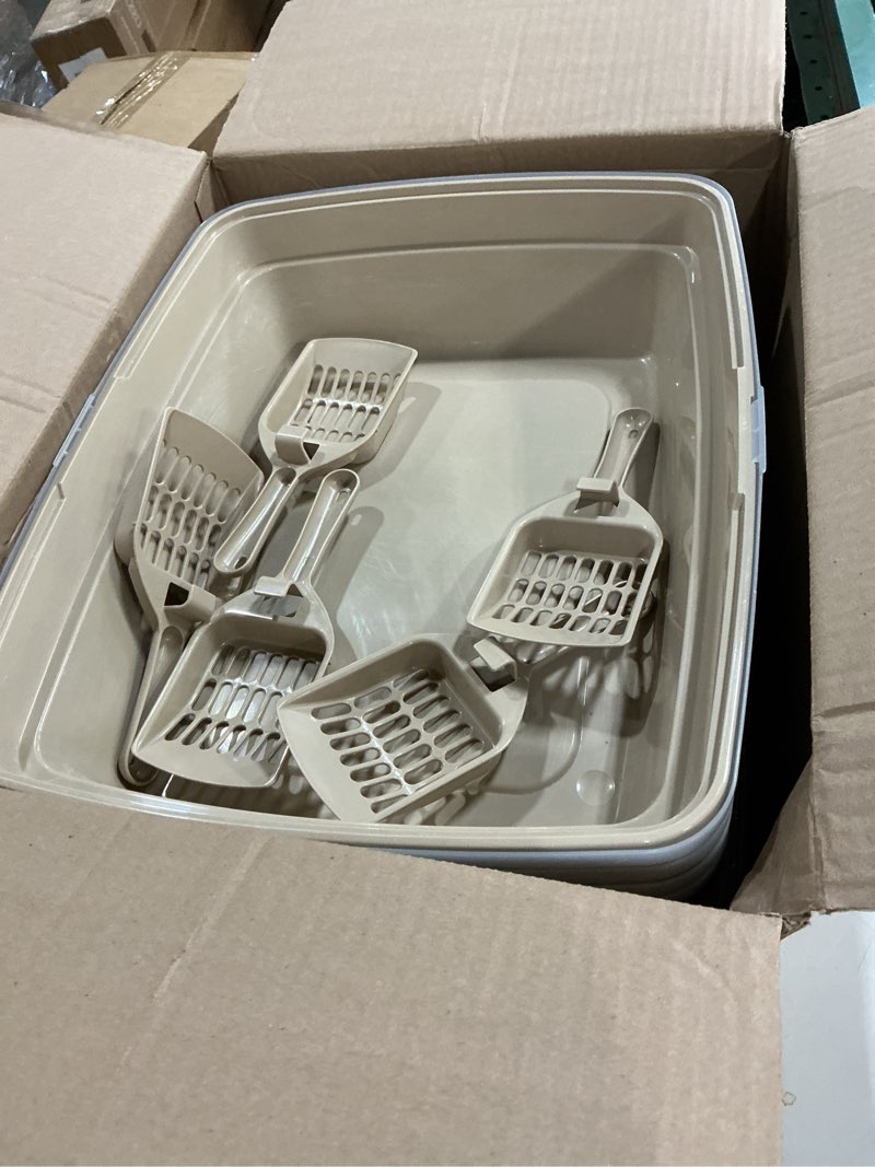 Condition photo showing As Is for IRIS USA Cat Litter Box, Open Top with Scoop, Easy Clean Plastic Pan for Indoor Cats & Kittens, Beige Small Beige