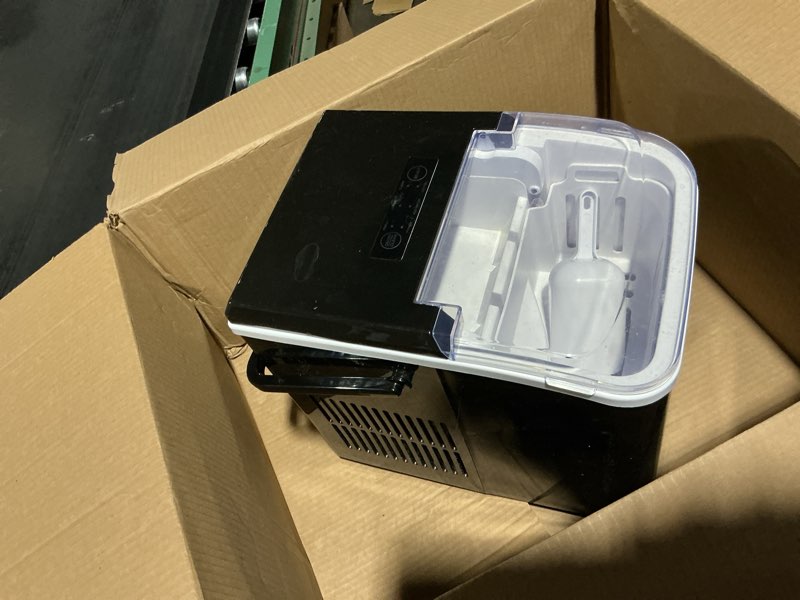 Condition photo showing As Is for ice maker, portable countertop icemaker machine, self cleaning quiet 2 sizes bullet cubes makers, 9 cubes in 6 mins, 26.5lbs/24hrs with ice scoop, basket and handle for home kitchen party