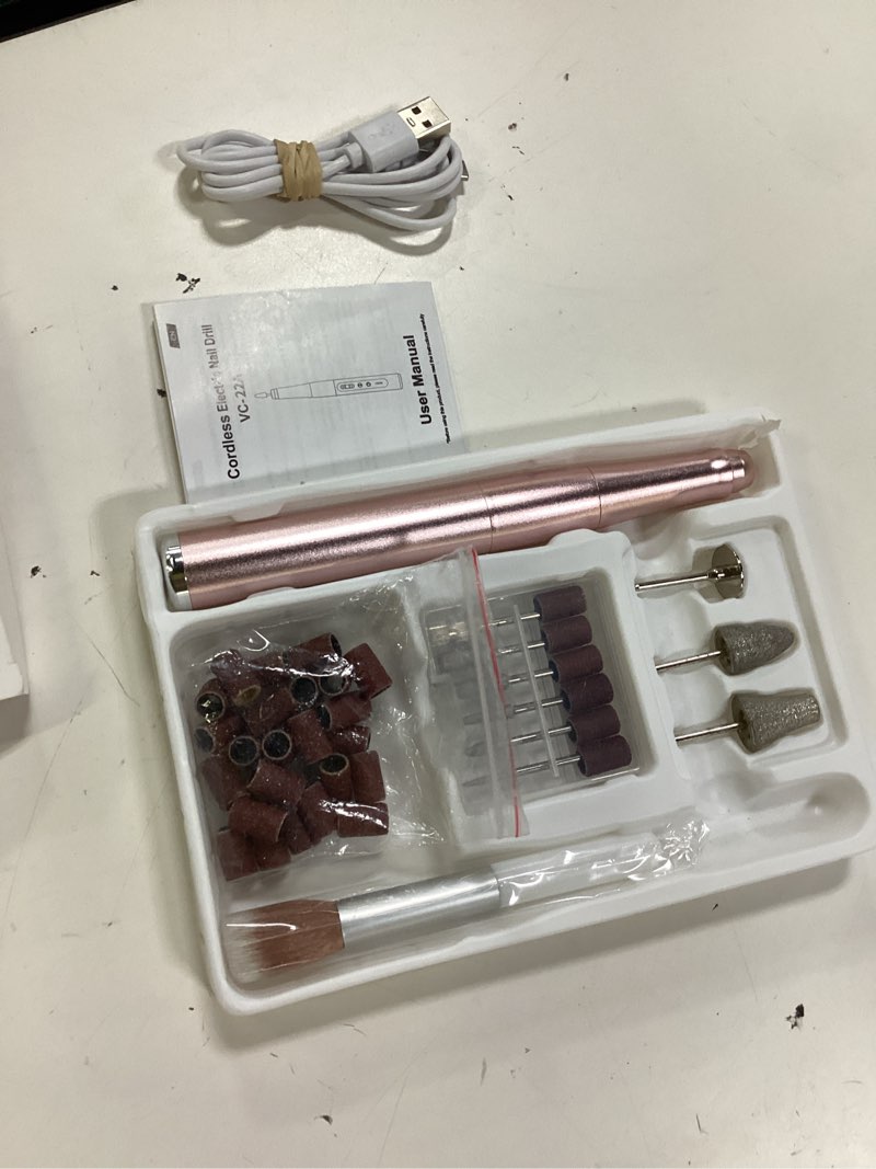 Condition photo showing As Is for cordless nail drill 35000rpm, portable electric nail file for acrylic gel nails, professional manicure pedicure kit, rechargeable pedicure tools for feet with lcd display, low noise low vibration rose gold