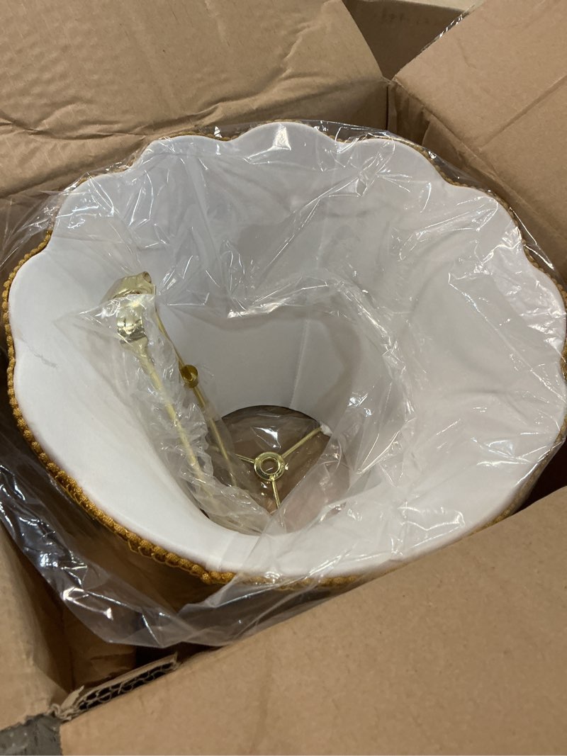 Condition photo showing Good Condition for bell lamp shade, saangseon scalloped gold fabric lampshade replacement, softback, 5'' top x 10'' bottom x 8.3'' slant height x 8'' vertical height, lamp harp included 5'' x 10'' x 8'' gold