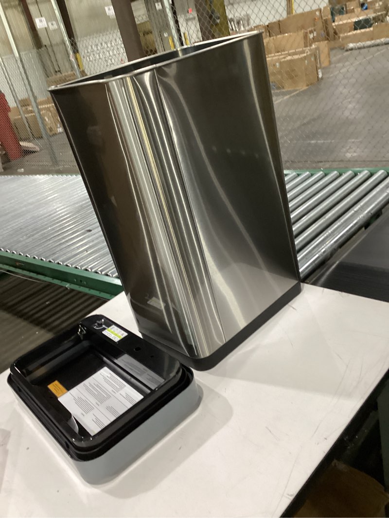 Condition photo showing As Is for EKO Mirage-T 50 Liter / 13.2 Gallon Touchless Rectangular Motion Sensor Trash Can, Brushed Stainless Steel Finish