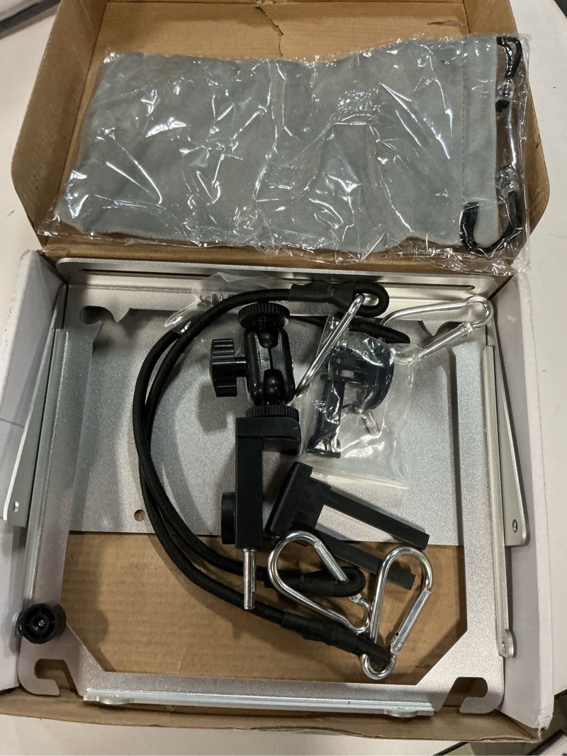 Condition photo showing As Is for phone fence mount with shade, phone holder mounting kit for iphone, mevo start, gopro and other action cameras, for recording baseball, hockey, softball and tennis games (silver with bag)