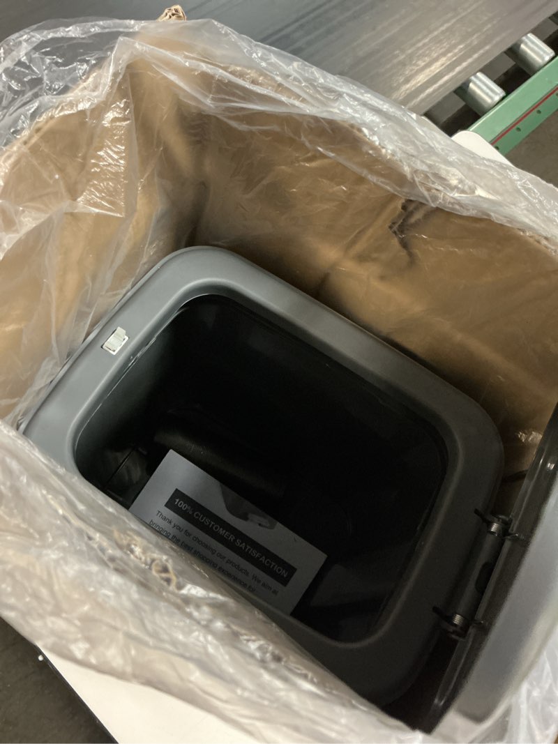 Condition photo showing As Is for dog poop trash can outside, 5l/1.3 gal pet poop bucket with lid, foot pedal, dog waste container with 40 bags, lid soft close for pet, grey 5l grey trash can