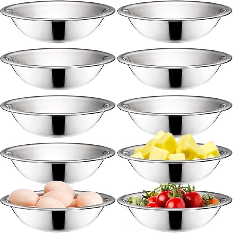 okllen 10 pack small stainless steel bowls, 6 1/2 inch wide kitchen metal bowl with flat base, 3/4 quart prep bowls for meal prep, cooking, serving, baking