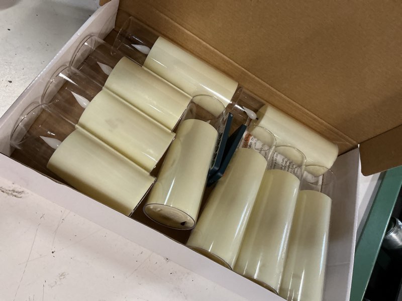 Condition photo showing Good Condition for amagic ivory flameless candles with remote, battery operated candles with timer, acrylic plexiglass flickering led fake candle for wedding, holiday, home decor, set of 9, d2.2 x h5 6" 7" ivory white & warm yellow glow