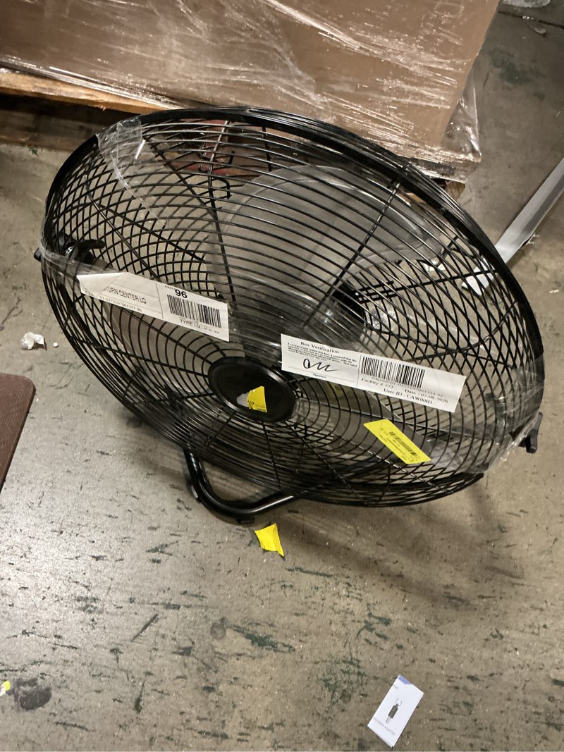Condition photo showing As Is for mainstays 20" 3-speed high velocity tiltable black steel floor fan
