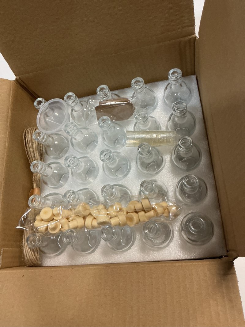 Condition photo showing New/Like New for 25 pcs 1.7oz mini glass liquor with lids small glass wine bottles reusable empty alcohol bottles for christmas birthday weddings party favors (50ml25pc)