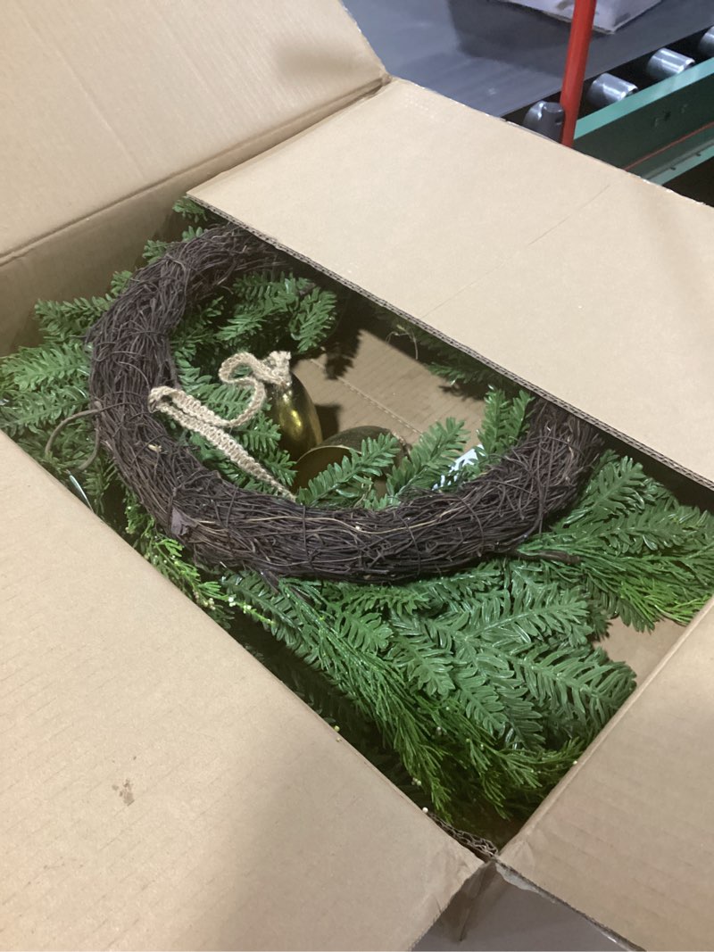 Condition photo showing Good Condition for National Tree Company Artificial Christmas Wreath, Green, Bells Pine, Red Ribbon, Pinecones, Metal Bells, 28 inch