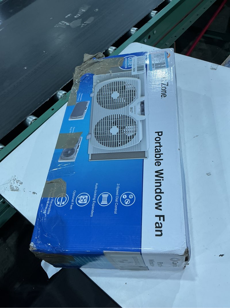 Condition photo showing As Is for comfort zone 9" twin window fan with auto-locking expanders, 2 speeds, white