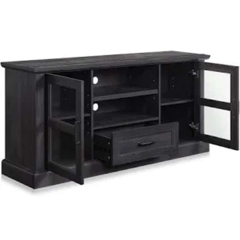 BELLEZE Rustic 62 Inch Modern TV Stand Fits TVs Up to 70 Inch, Storage Entertainment Center Console with Window Pane Glass Cabinet Doors and Adjustable Shelves - Trussati (Rustic Gray)