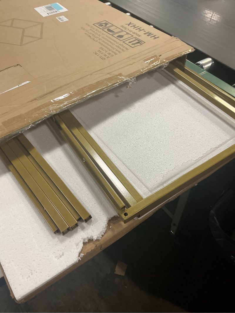 Condition photo showing Good Condition for Glass Coffee Table, Small Square Coffee Table for Living Room,Simple Modern Center Tables for Small Spaces, Gold Living Room Tea Tables Easy Assembly,26 * 26in?Gold & Clear Glass? Gold 39.4 x 18.9 x 17.7