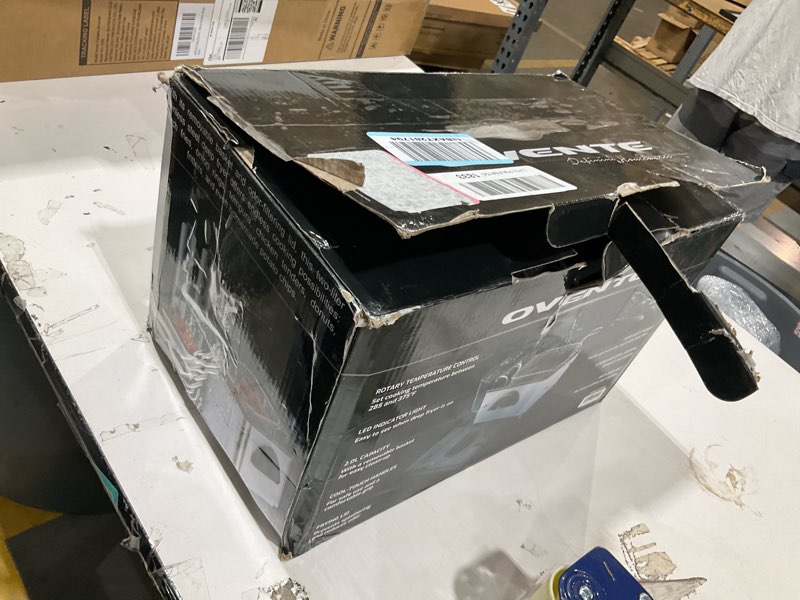 Condition photo showing As Is for ovente electric deep fryer 2 liter capacity, 1500 watt lid with viewing window and odor filter, adjustable temperature, removable frying basket and easy to clean stainless steel body, silver fdm2201br fdm2201br - silver