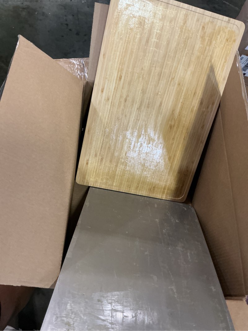 Condition photo showing As Is for gr kraft stainless steel & bamboo double-sided cutting boards non toxic, durable, knife-friendly design, microplastic-free, large cutting board chopping meat, fish, chicken, bread, fruits & more