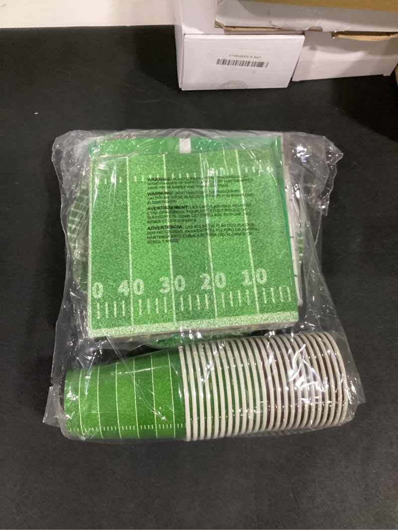 Condition photo showing Good Condition for Gatherfun Football Party Supplies Kit Serve 24,Includes Dinner Plates, Dessert Napkins, Cups,Banner and Touchdown Tablecloth for Birthday Gameday Tailgate Decorations, Green (2023053002)