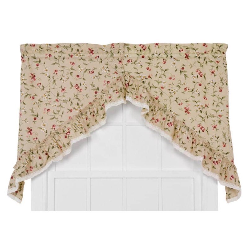 Ellis Curtain Cherries Ruffled 1.5  Rod Pocket Swag for Windows Lace Edge 58  x 36  Natural
