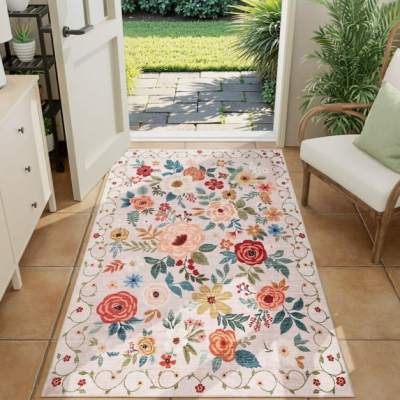 DUKINO 3x4 Area Rug, Lightweight Non Slip Washable Floral Rug, Indoor Low Pile & Non-Shedding Boho D