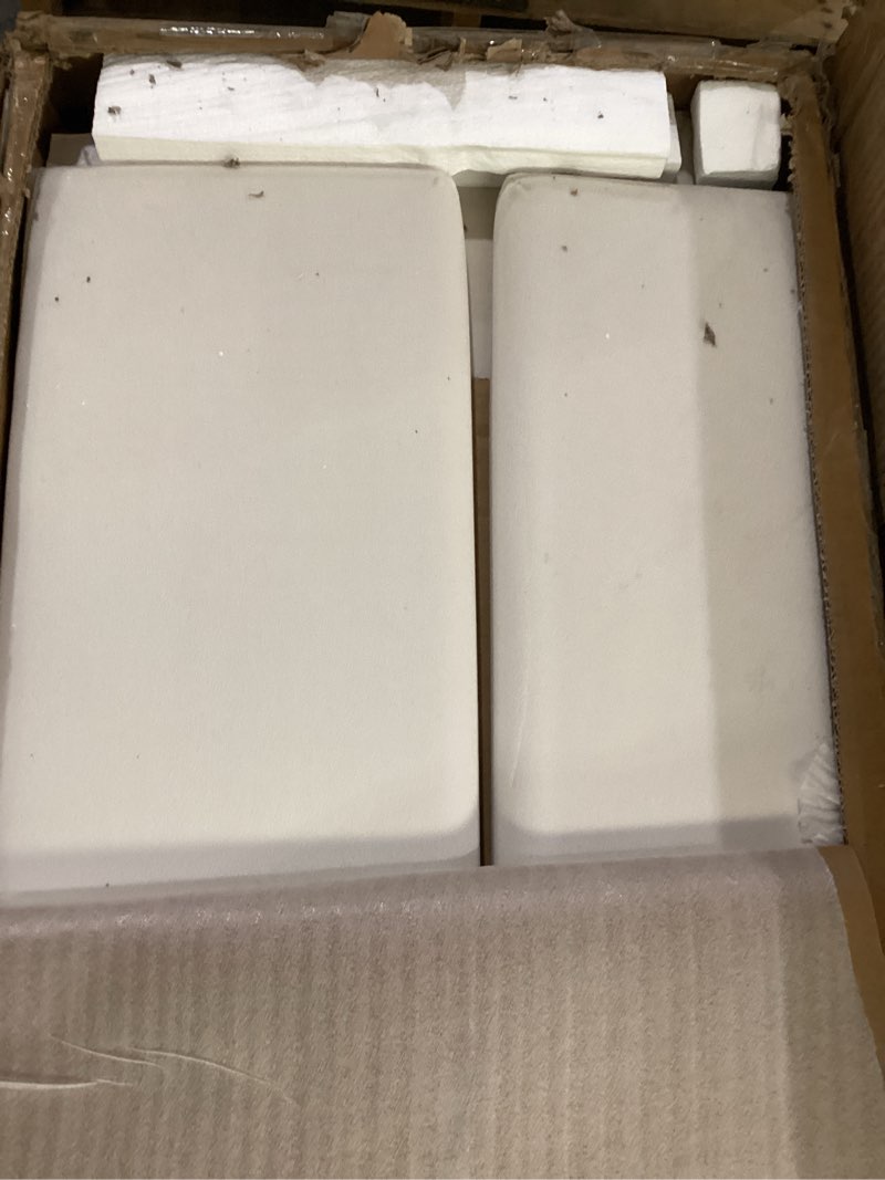 Condition photo showing As Is for one box only upholstered daybed with trundle, twin size day bed w/button-tufted back and piping on waved-shape arms for bedroom or guest room, no box spring required,beige