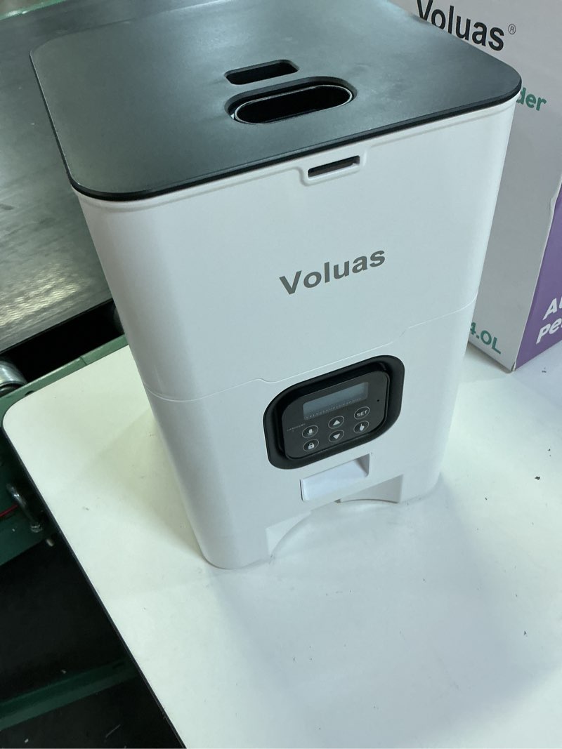 Condition photo showing As Is for voluas automatic cat feeder, 4l timed dry food dispenser for cats & dogs | programmable portion control, up to 4 meals daily, dual power supply, power-off memory, 10-second voice recorder 4 l white opaque