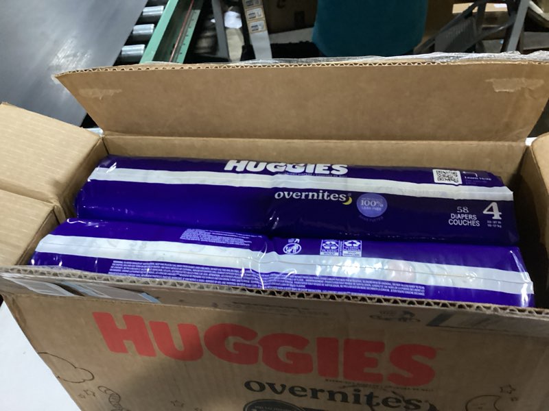 Condition photo showing New/Like New for huggies size 4 overnites baby diapers: overnight diapers, size 4 (22-37 lbs), 116 ct (2 packs of 58), packaging may vary size 4 116