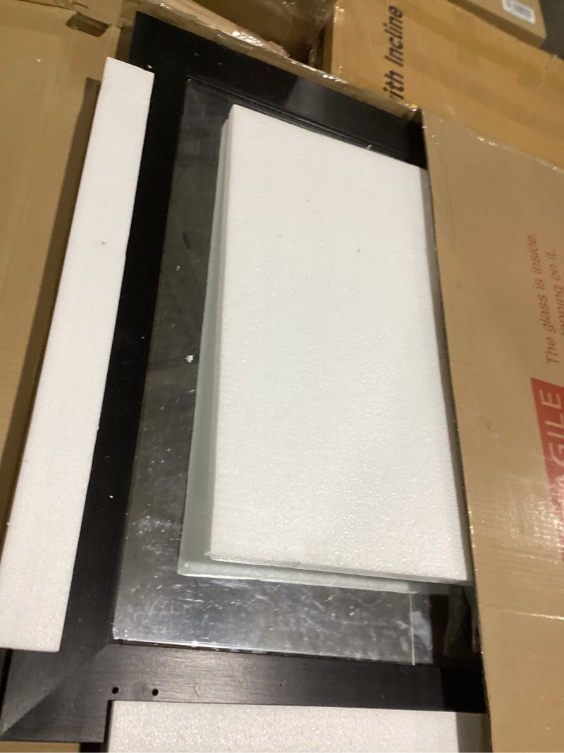 Condition photo showing As Is for Hasipu Farmhouse Bathroom Mirror, 31"x31" Rustic Wood Framed Wall Mounted Mirror, Black Vintage Vanity Mirror Barn Door Style Decrative Mirrors Black 31"L x 31"W