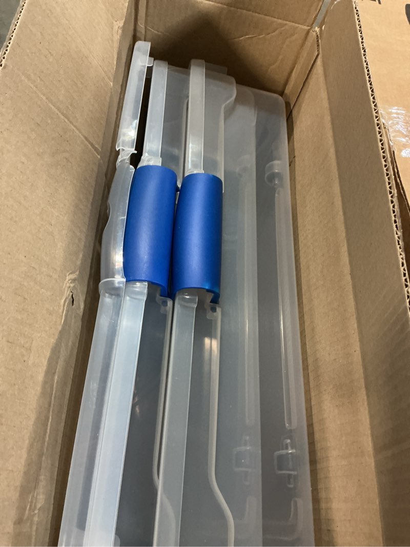 Condition photo showing As Is for HOMZ 2-Pack Under Bed Storage, Clear Plastic Containers with Lids, 56 Quart, Blue Latch - Stackable Underbed Organizer Bins for Shoes, Bags, Clothes, and Towels Blue 56 Quart