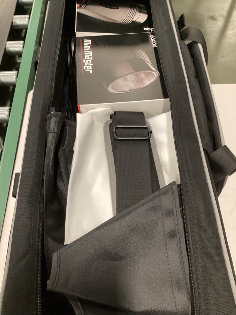 Condition photo showing As Is for Godox Studio Flash Light Kit for Photography, Strobe Softbox Lighting Kit, 2x180W Daylight Compact Monolight with Flash Trigger, Softbox, Light Stands, Reflector Storage Bag, Umbrella, AC 110V Powered K180A kit