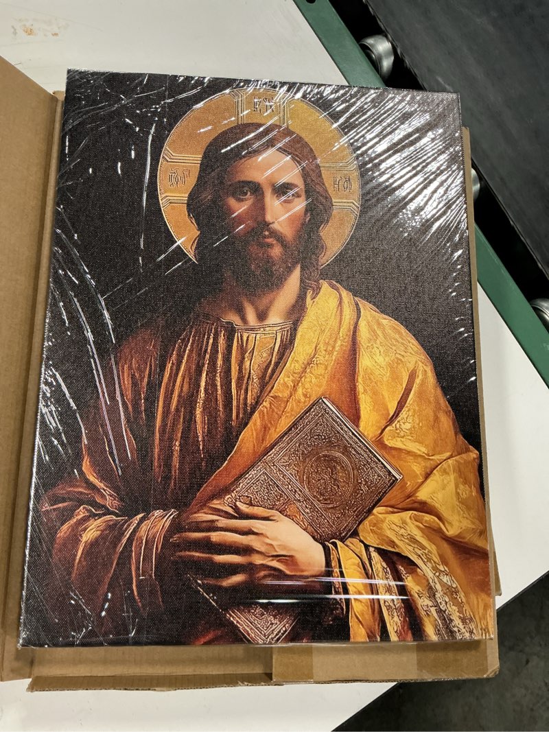 Condition photo showing New/Like New for jesus canvas wall art, religious portrait decor, gallery wrapped, 16x24 | faith-inspired home accent solid inner wood support warm gold icon-style imagery meaningful gift for believers