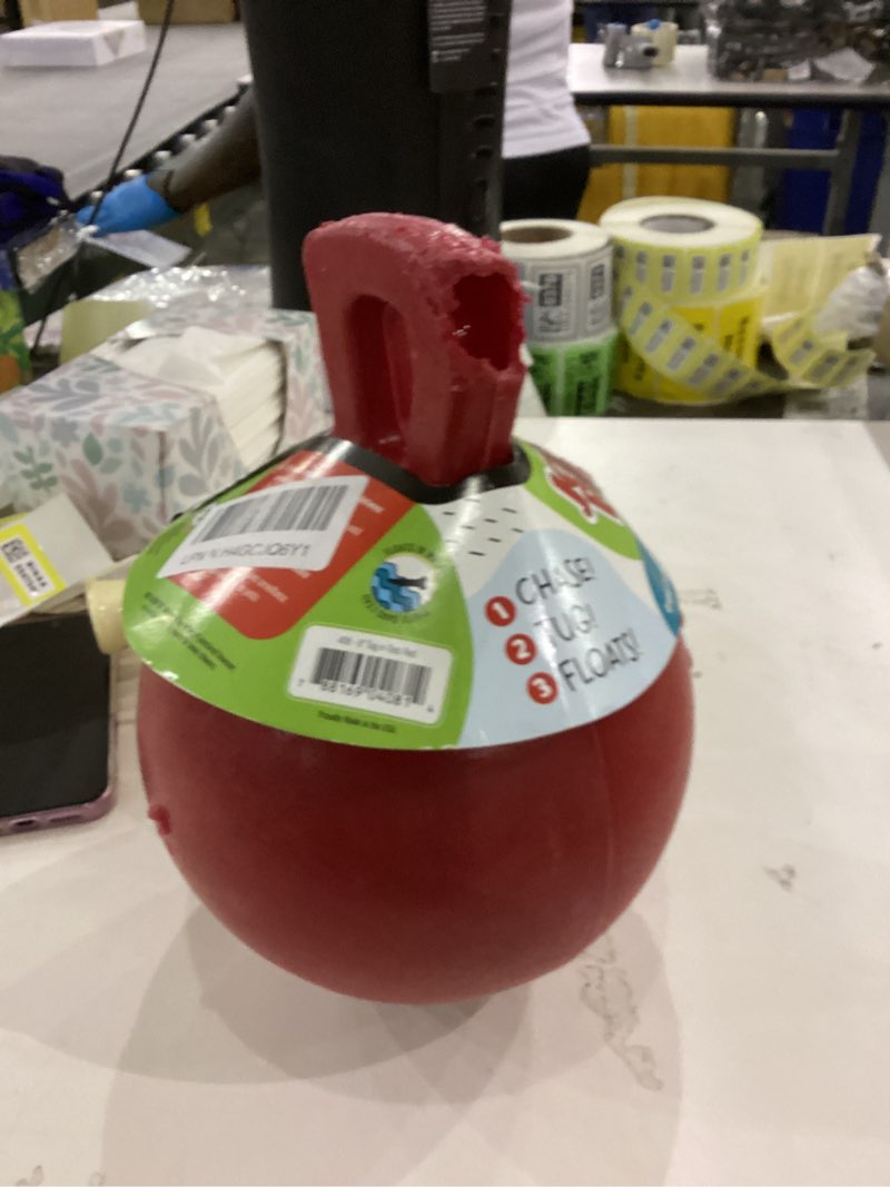 Condition photo showing As Is for Jolly Pets Tug-n-Toss Heavy Duty Dog Toy Ball with Handle, 8 Inches/Large, Red (408 RD) Red Large (8 in)