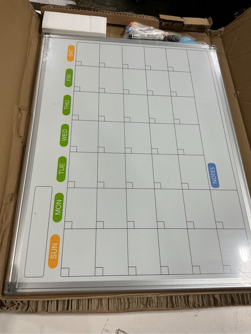 Condition photo showing New/Like New for dry erase calendar whiteboard for wall, 24" x 18" magnetic monthly white board calendar, hanging double-sided white board for planning, memo, school, home, office silver frame 24"w x 18"h