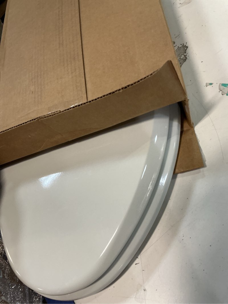 Condition photo showing Good Condition for Mayfair Cassel Slow Close Toilet Seat, Easy Clean, Non Slip Premium Wood Seat, Easy Install, Made in USA, Elongated, White Elongated 1 - Toilet 