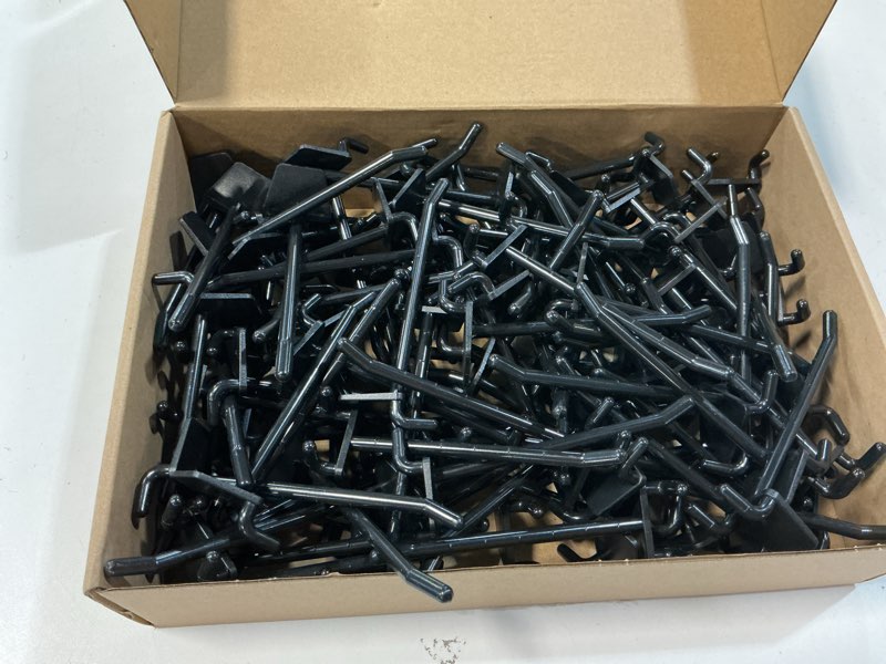 Condition photo showing Good Condition for Unittype 100 Pack Plastic Pegboard Hooks 4 Inch Suitable for 1/4 and 1/8 Pegboard Pegboard Accessories for Garage, Office, Kitchen, Store (Black)