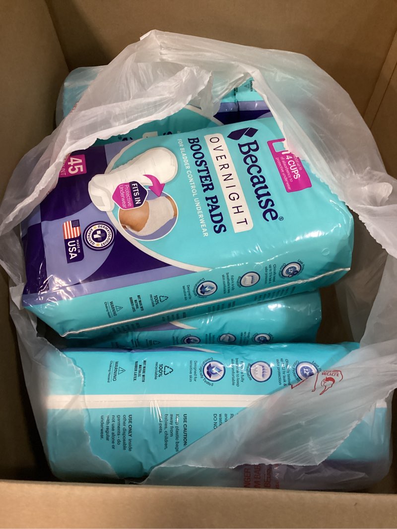 Condition photo showing New/Like New for because overnight booster pads fit all adult diapers, helps keep your adult diaper active all night, adds 4 cups to incontinence underwear, extra absorbency, 180 count (packaging may vary)