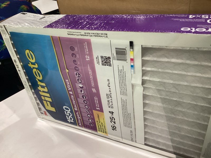 Condition photo showing New/Like New for filtrete 16" x 25" x 4" allergen bacteria and virus deep pleat air filter 1550 mpr: merv 12 electrostatic furnace filter