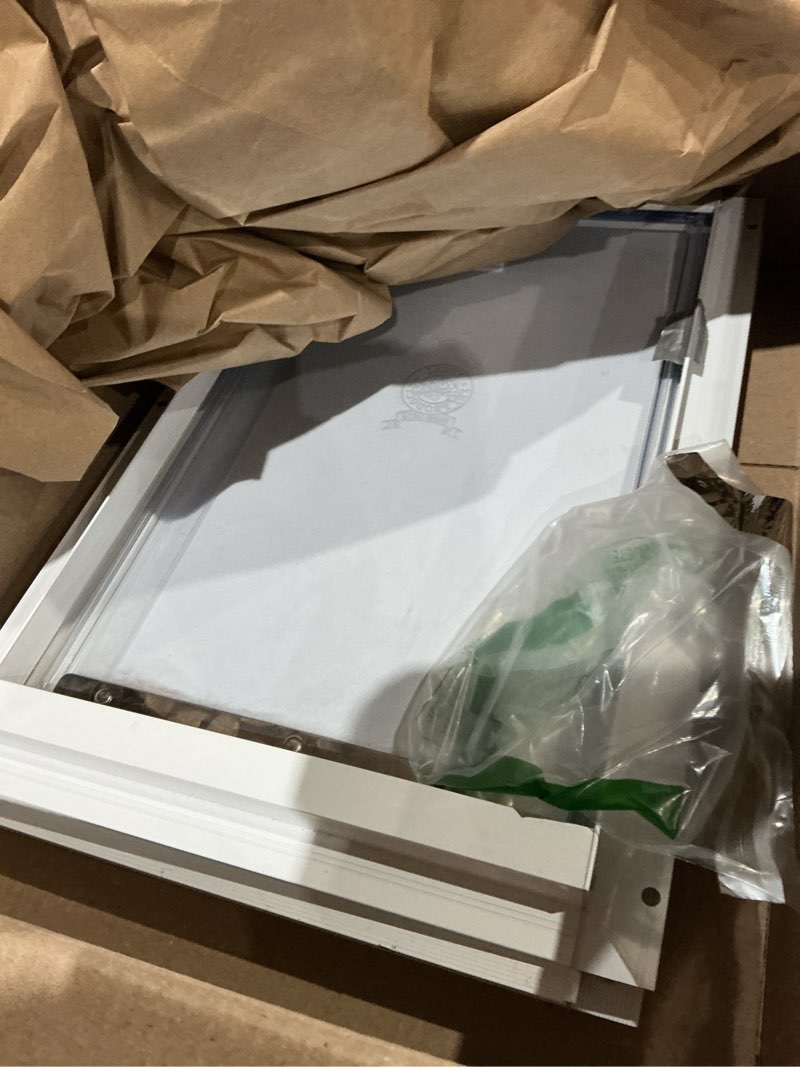 Condition photo showing As Is for ideal pet products deluxe aluminum pet door with telescoping frame, extra large, 10.5" x 15" flap size, white